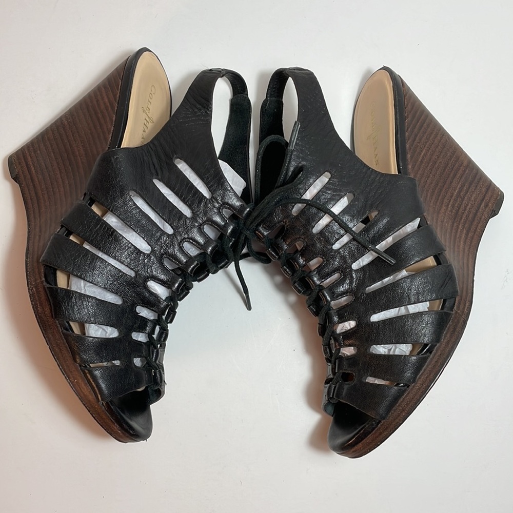 Cole Haan leather sandals lace tie up platform wedge elastic sling backs 8.5